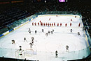 Players warm up at the Canada-Finland women's game