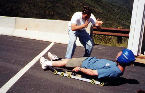 Ken steering the luge